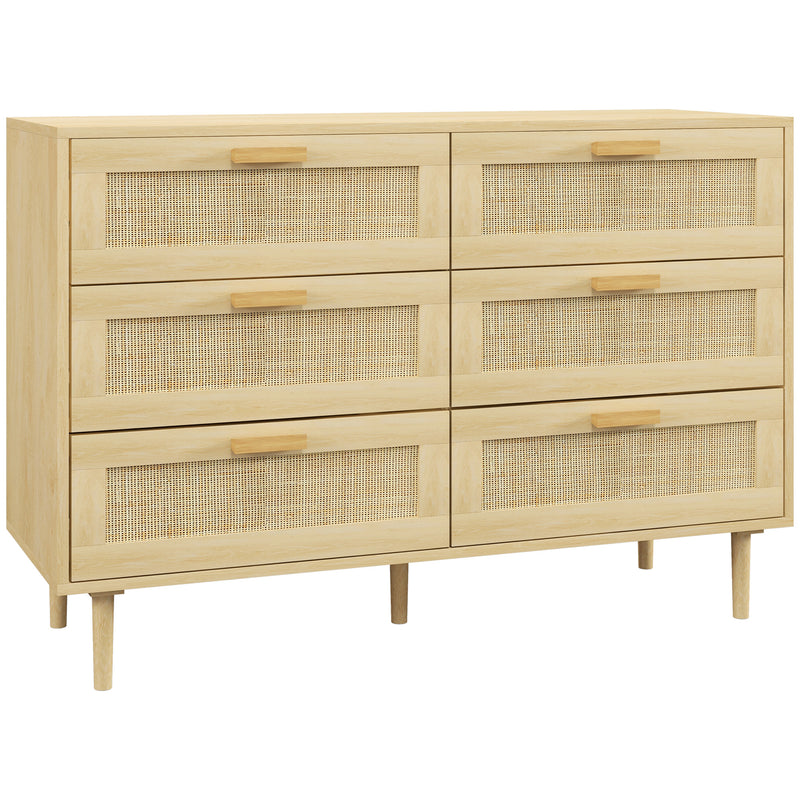 Wide oak-effect 6-drawer chest of drawers with rattan fronts and pine handles