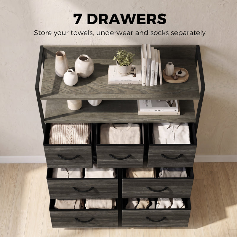 HOMCOM Chest of Drawers, Bedroom Fabric Dresser with 7 Drawers, Storage Organiser Unit with Open Shelves, Grey – view 4