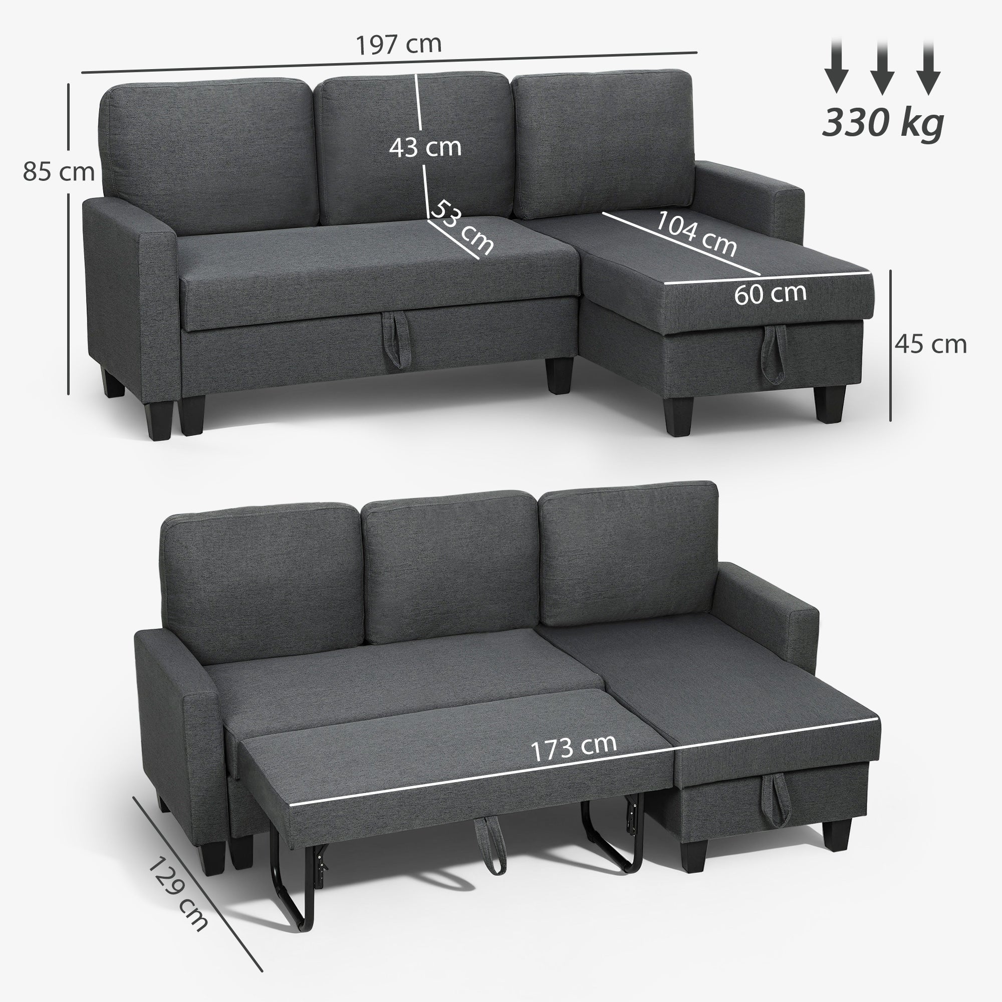Three-Seater Storage Sofa Bed -  Charcoal Grey