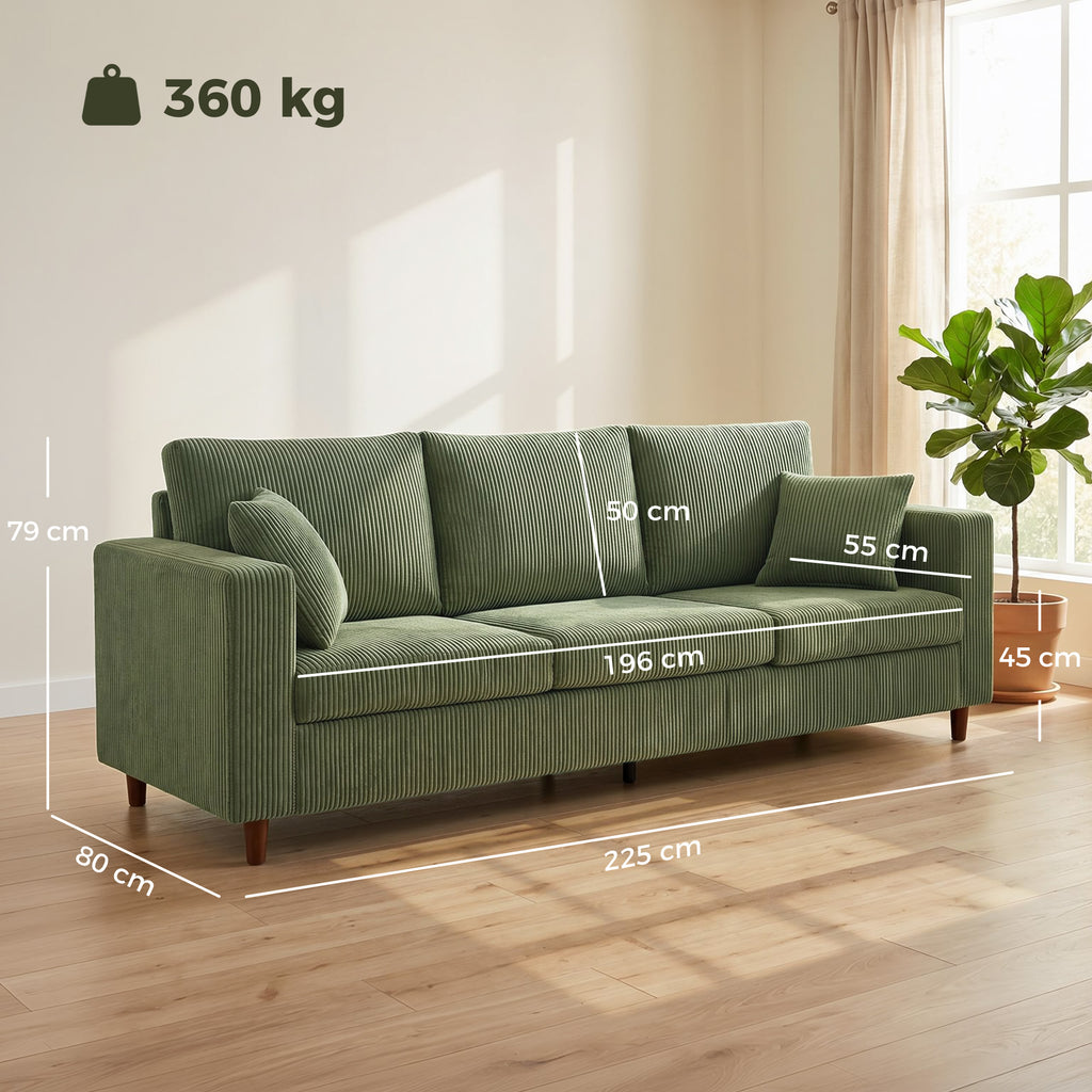 3 Seater Sofa with Wide Seat, Corduroy Fabric Couch with Deep Seat, Spring Cushion, Green