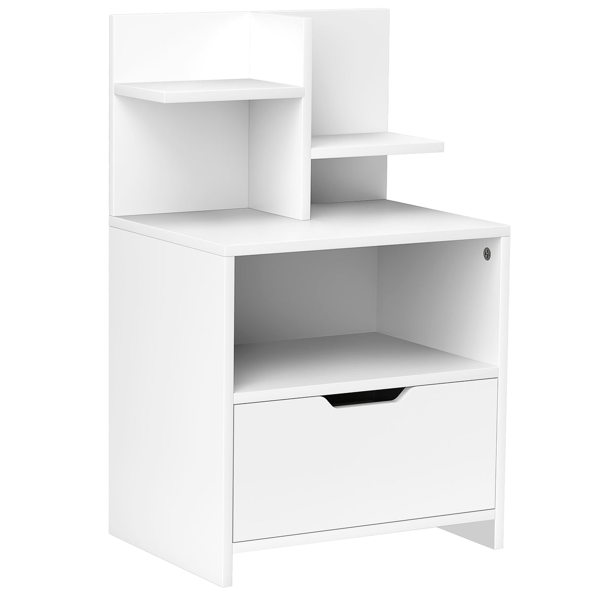 White modern bedside table with drawer, open compartment and small shelf