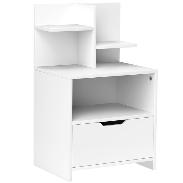 White modern bedside table with drawer, open compartment and small shelf