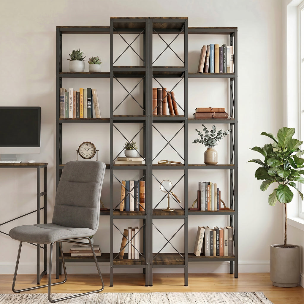 5-Tier L-Shaped Bookshelf, Freestanding Corner Bookcase with Metal Frame, Rustic Brown