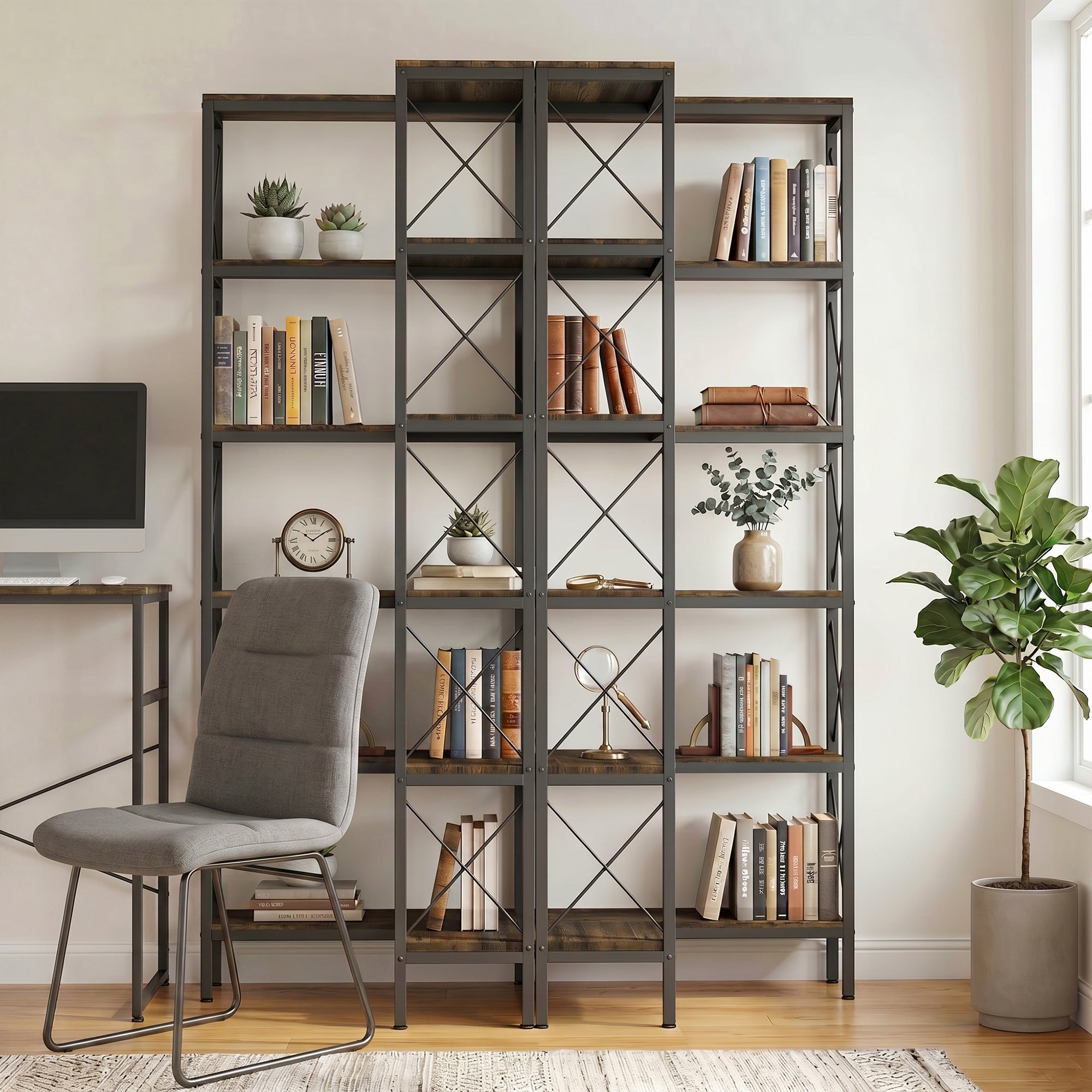 5-Tier L-Shaped Bookshelf, Freestanding Corner Bookcase with Metal Frame, Rustic Brown