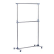 Silver and grey adjustable clothes rail on lockable wheels with garments hanging