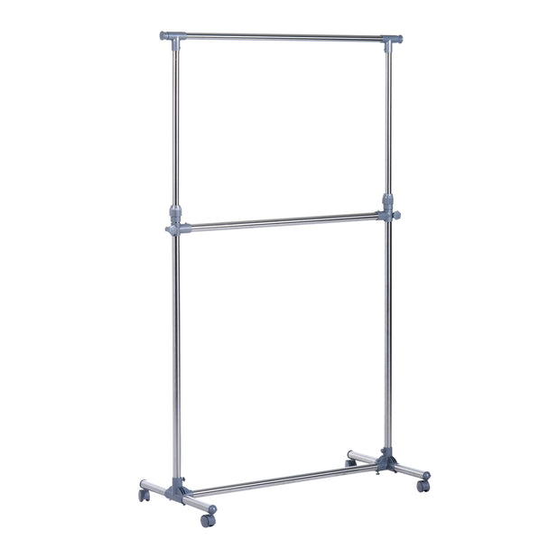 Silver and grey adjustable clothes rail on lockable wheels with garments hanging
