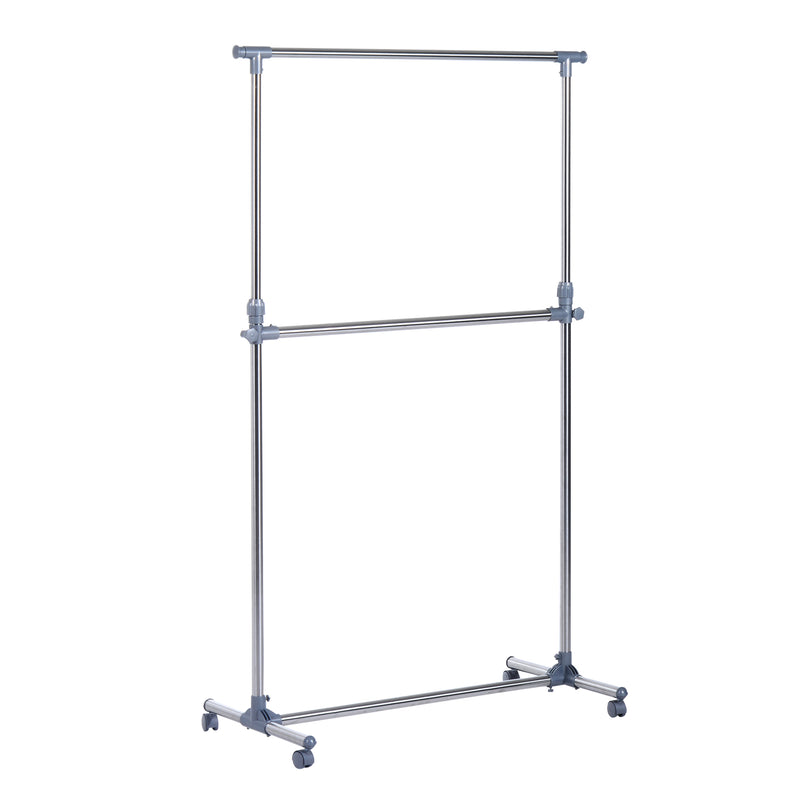 Silver and grey adjustable clothes rail on lockable wheels with garments hanging