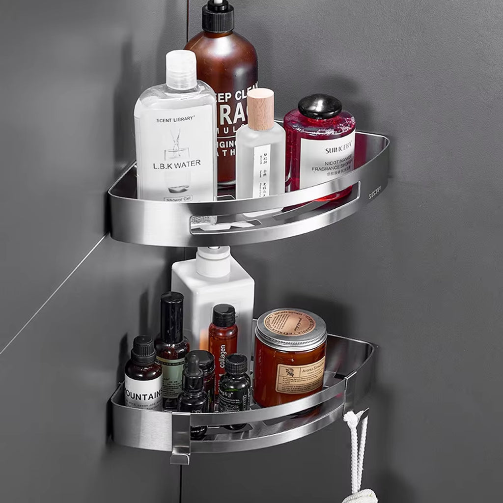 Stainless Steel Corner Shelf — Wall Mounted Bathroom Organiser, No Drill
