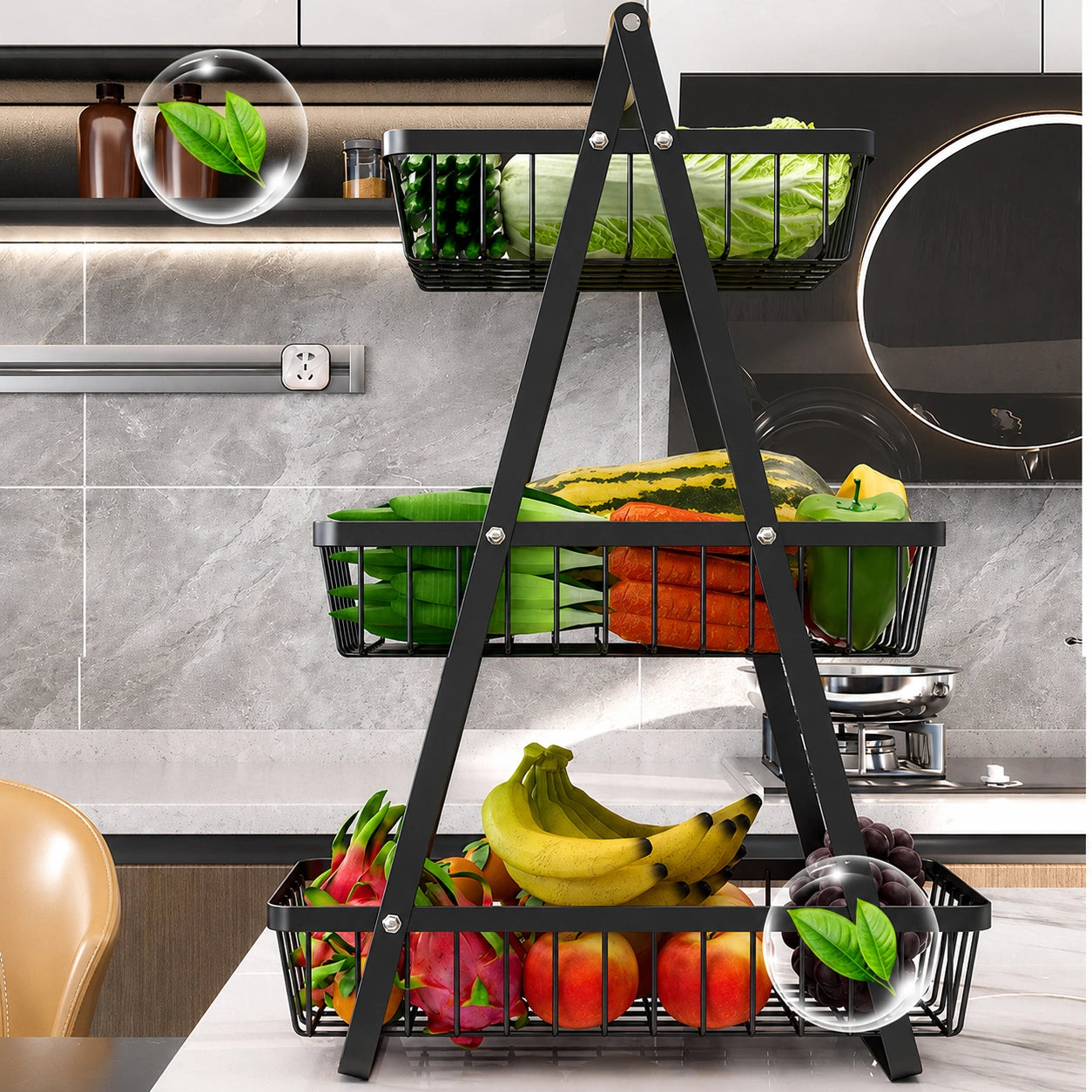 2 & 3 Tier Metal Fruit Basket Stand | Kitchen Countertop Bread & Vegetable Organizer