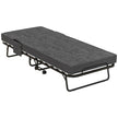 Single folding guest bed with dark grey 10 cm mattress, steel frame, side pockets and wheels