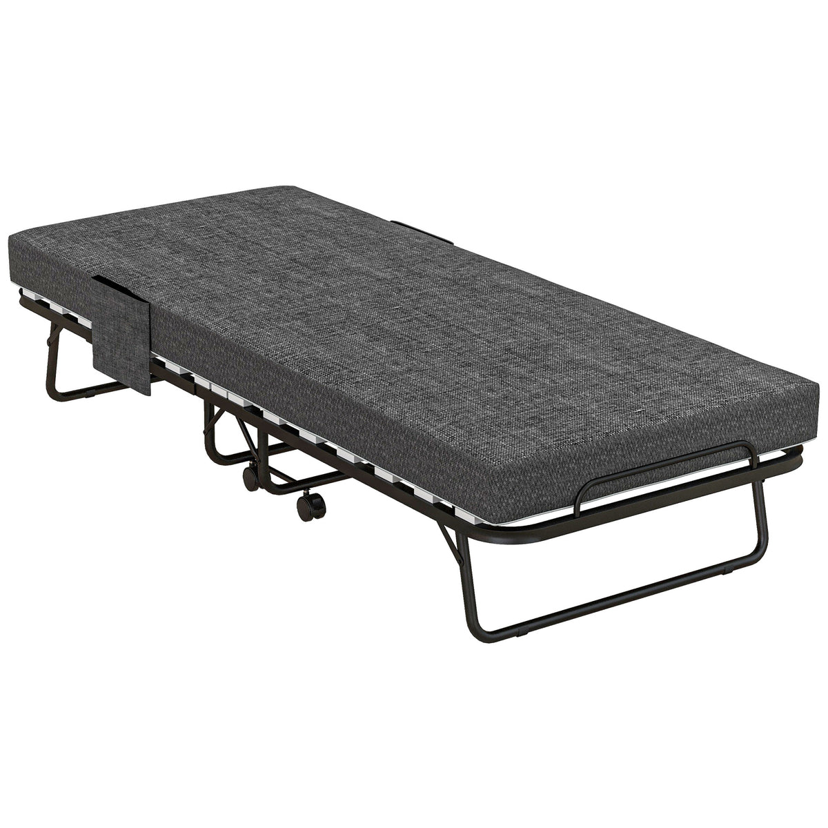 Single folding guest bed with dark grey 10 cm mattress, steel frame, side pockets and wheels