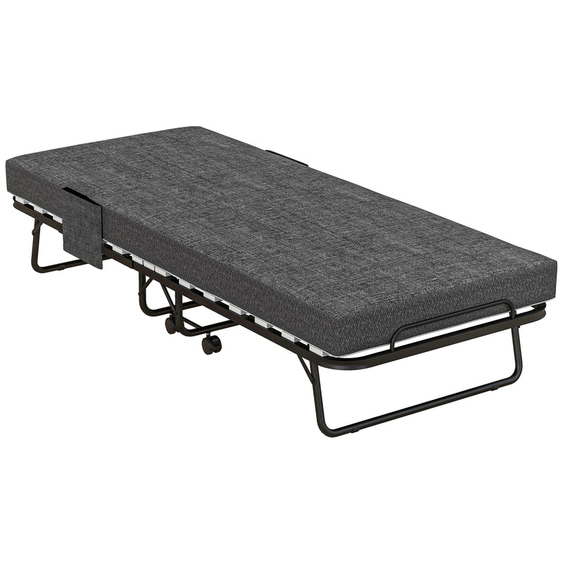Single folding guest bed with dark grey 10 cm mattress, steel frame, side pockets and wheels