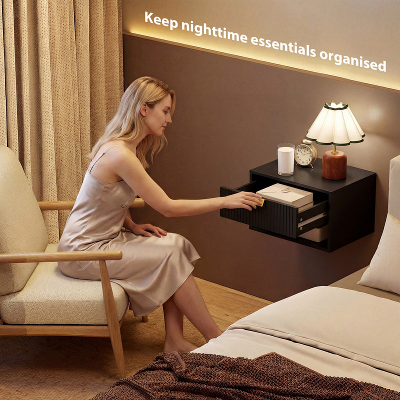 HOMCOM Set of 2 Wall Mounted Nightstands, Floating Bedside Tables with Fluted Drawer and Open Shelf for Small Bedroom – view 4
