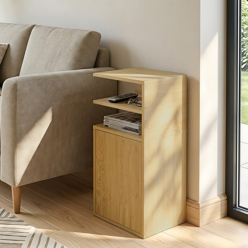 HOMCOM Slim Bedside Table Set of 2, Narrow Bedside Cabinet with Open Cubbies and Cupboard for Bedroom Living Room, Oak – view 9