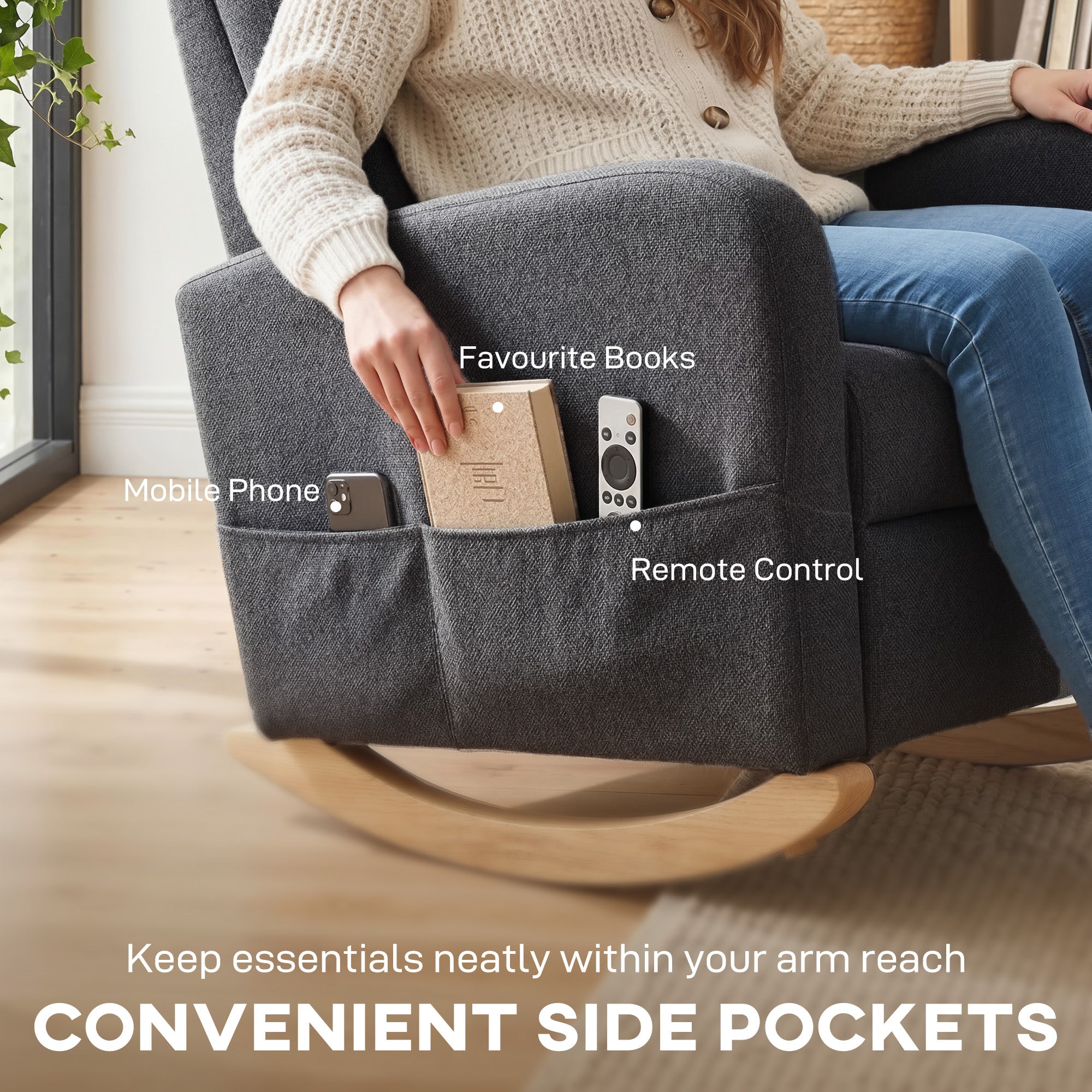 Upholstered Rocking Chair Retractable Footrest Rocker Chair High Back for Living Room Grey