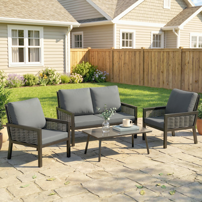 Outsunny 4 Seater Rattan Garden Furniture Set with 2 Armchairs, Loveseat, Coffee Table, Garden Sofa Set with Cushions – view 2