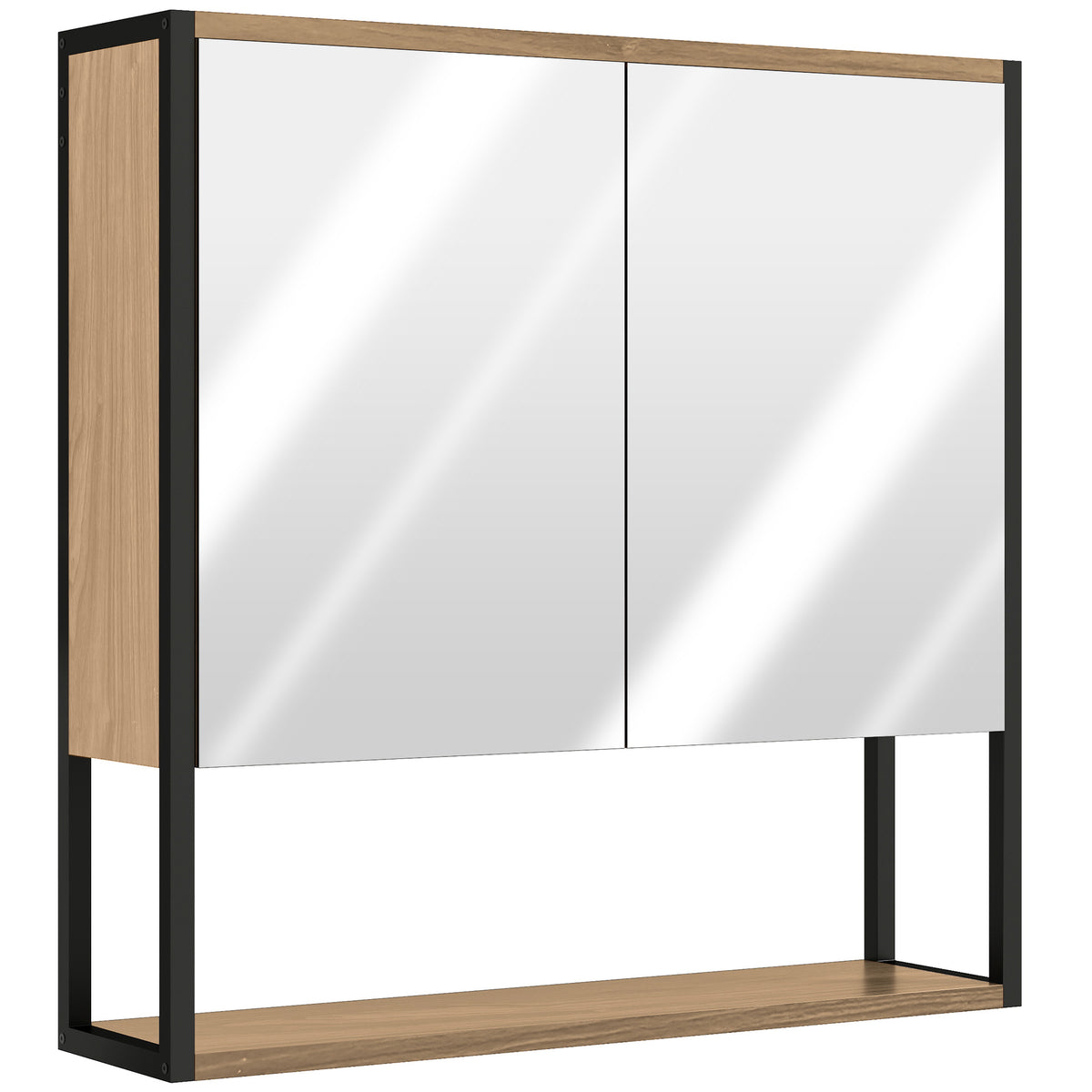 Industrial-style bathroom mirror cabinet in wood effect and black steel with open shelf