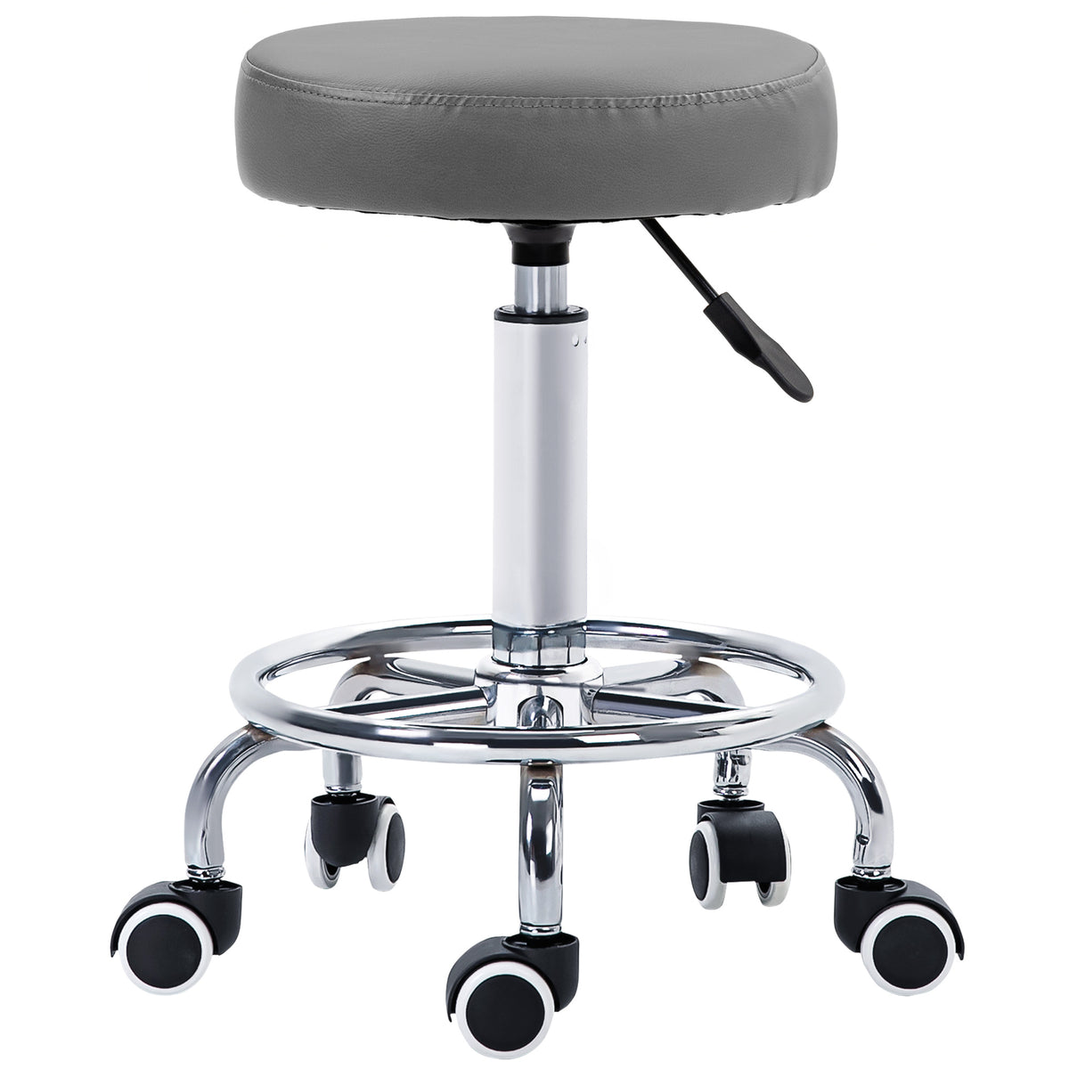 Grey round PU leather rolling stool with footrest and five castor wheels