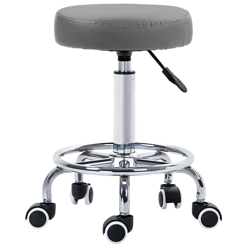 Grey round PU leather rolling stool with footrest and five castor wheels
