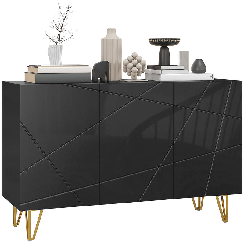 Black high gloss sideboard with line-indented doors and gold hairpin legs