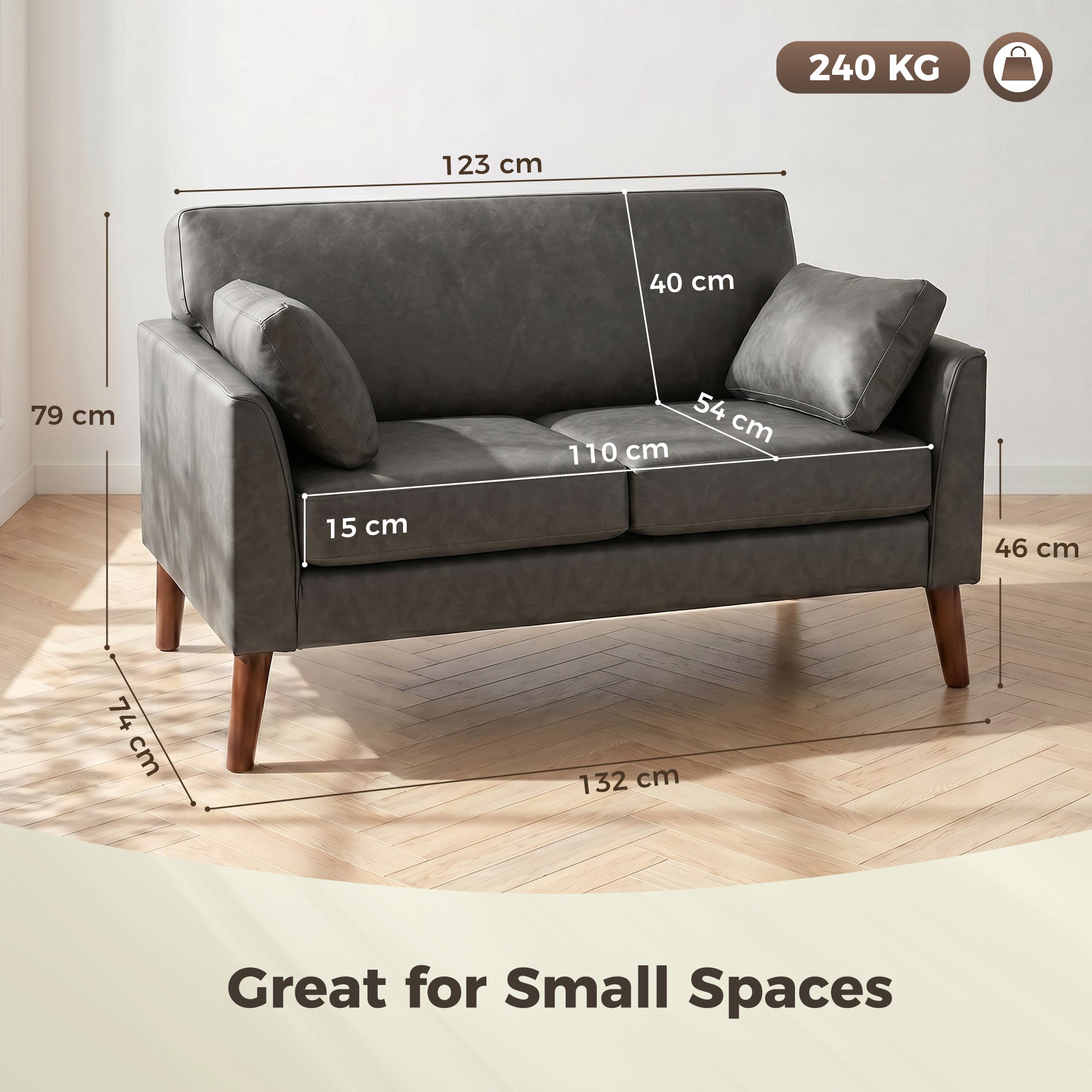 2 Seater Sofa, 132 cm Modern Small Sofa with Solid Wood Legs and 2 Pillows for Small Space, Grey
