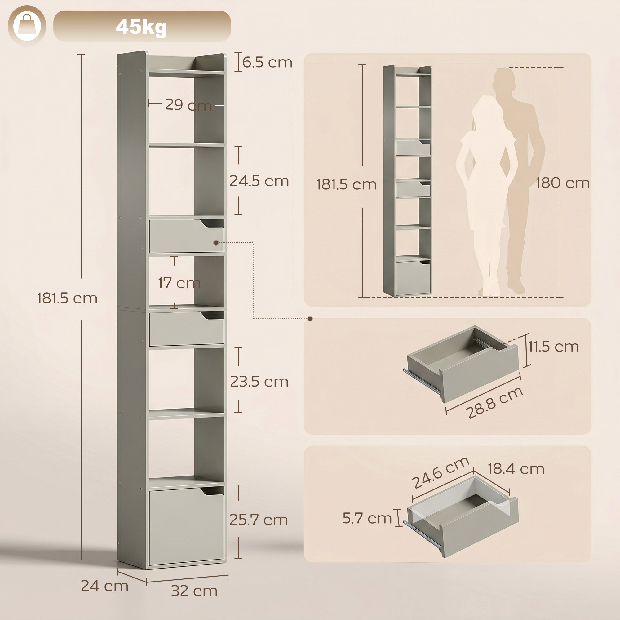 Bookcase Tall Narrow with 5 Tiers and Drawers Freestanding Bookshelf Storage Cabinet for Living Room Grey