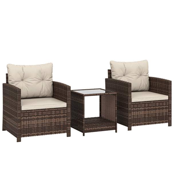 3-piece mixed brown rattan bistro set with two beige-cushioned armchairs and a two-tier glass top table