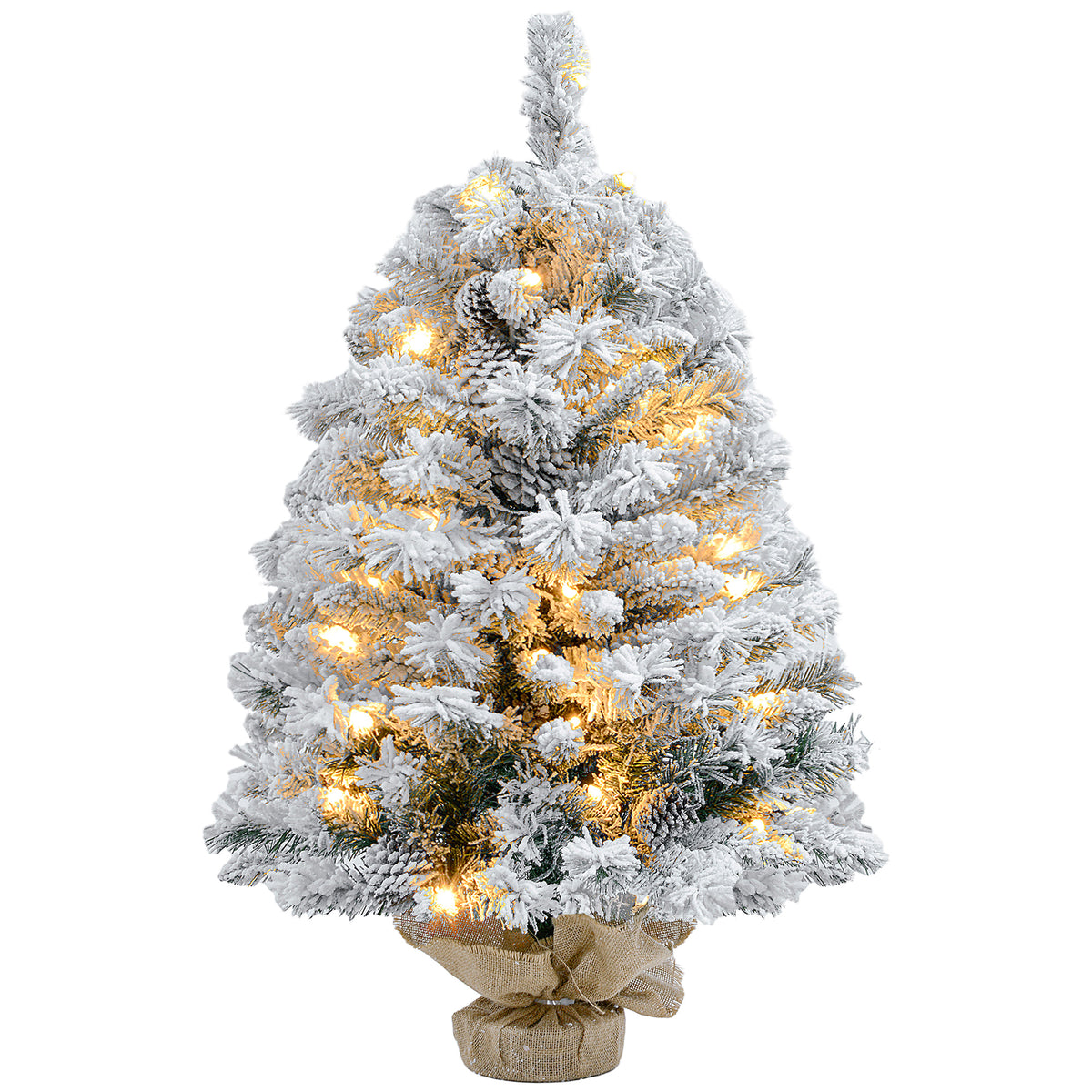 3ft snowy pre-lit tabletop Christmas tree with warm white LEDs in a linen-wrapped base