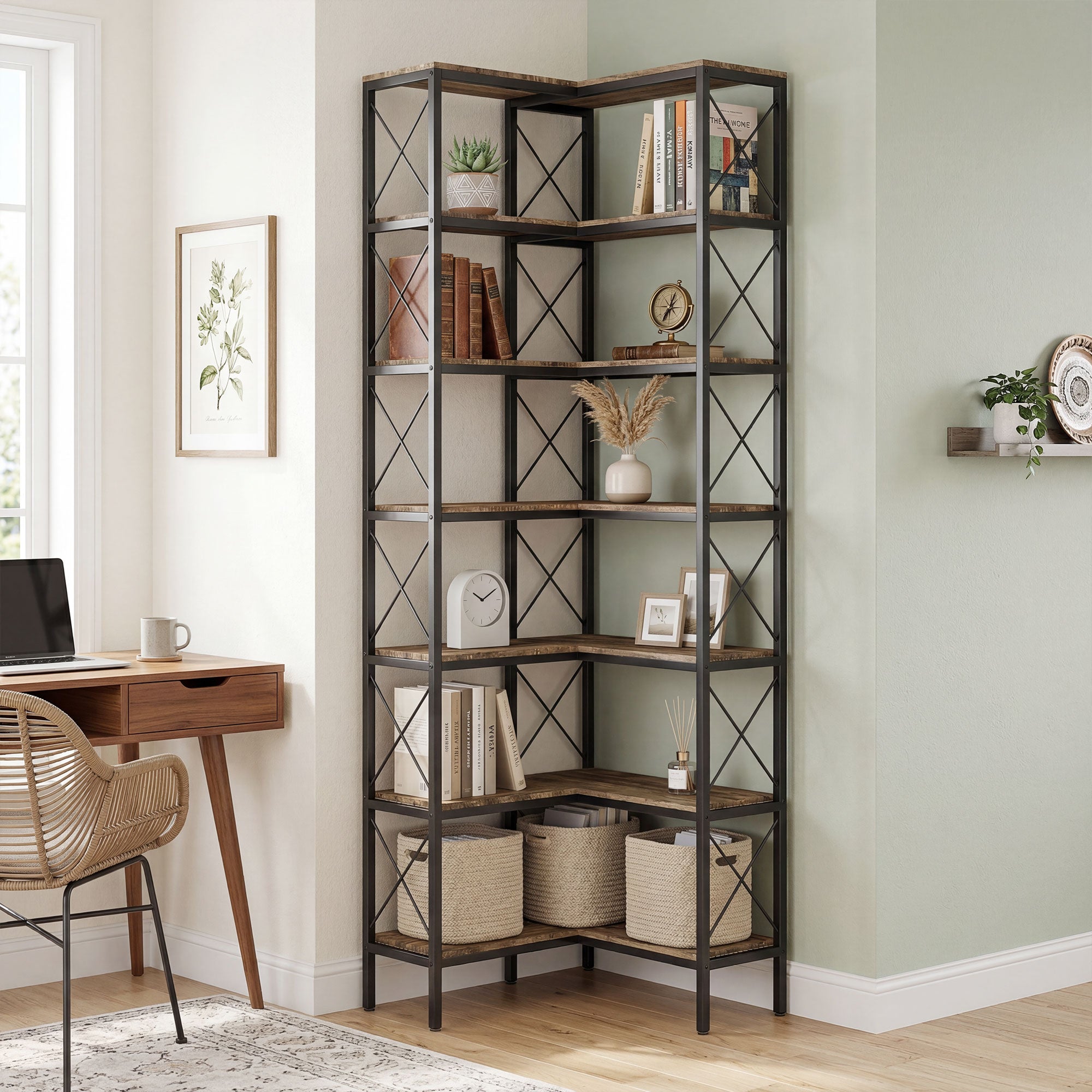 6-Tier L-Shaped Bookshelf, Freestanding Corner Bookcase with Metal Frame, Rustic Brown