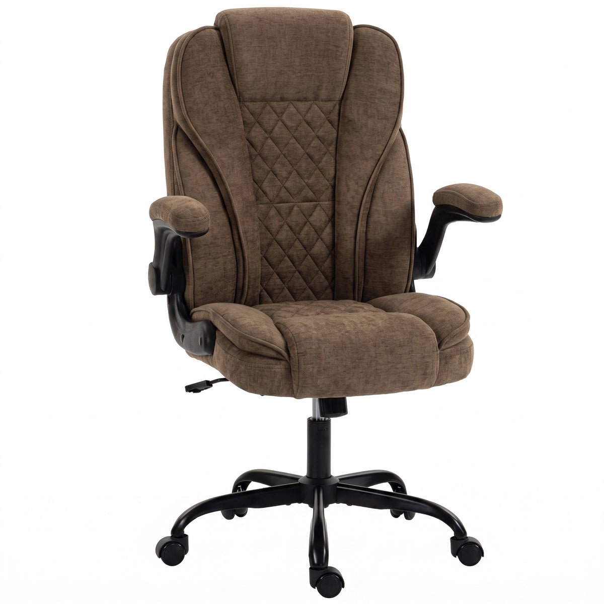 Brown linen-look pocket-spring office chair with diamond-stitched back and flip-up armrests
