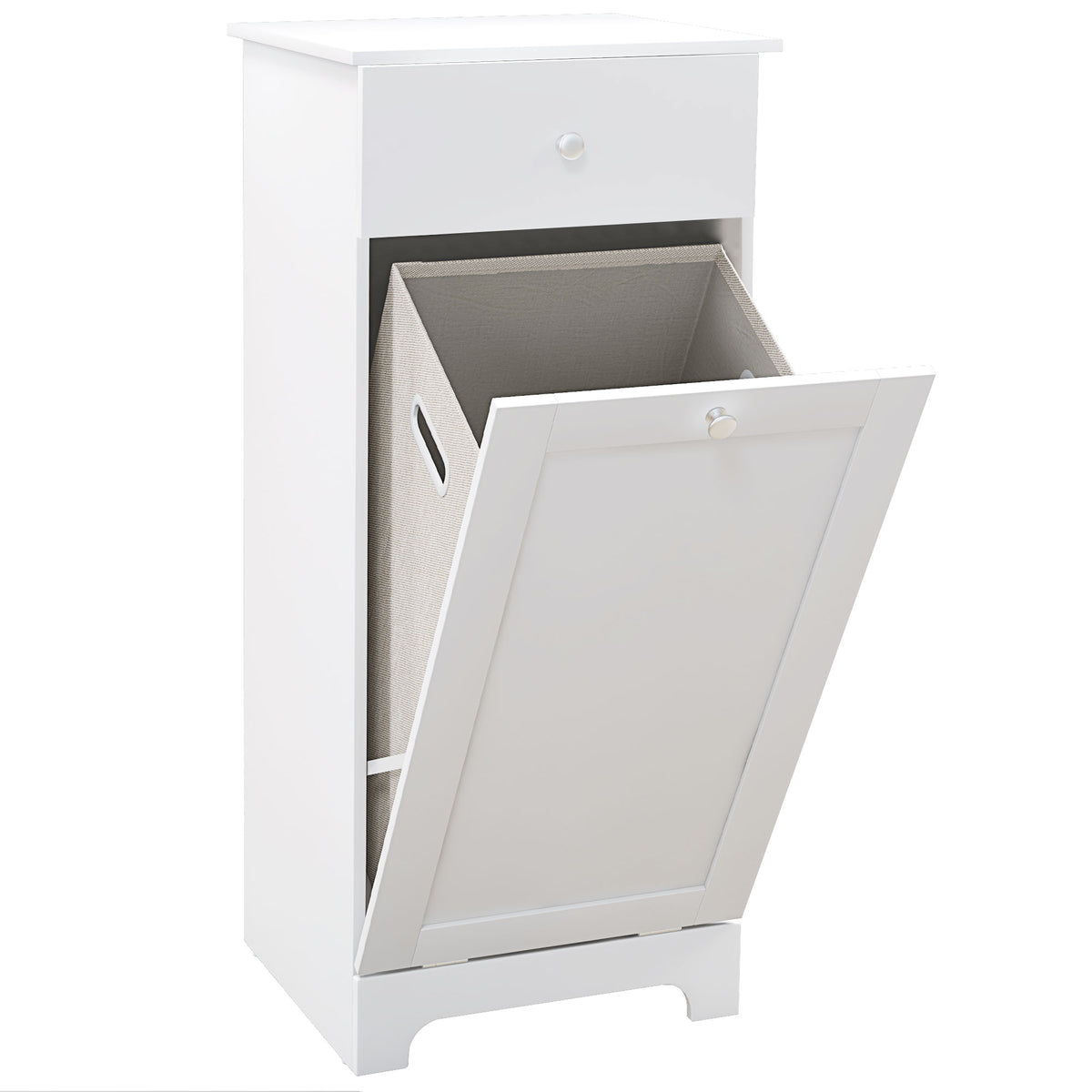 White laundry cabinet with tilt-out hamper door and top drawer