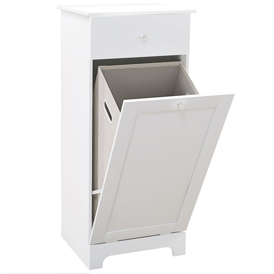 White laundry cabinet with tilt-out hamper door and top drawer
