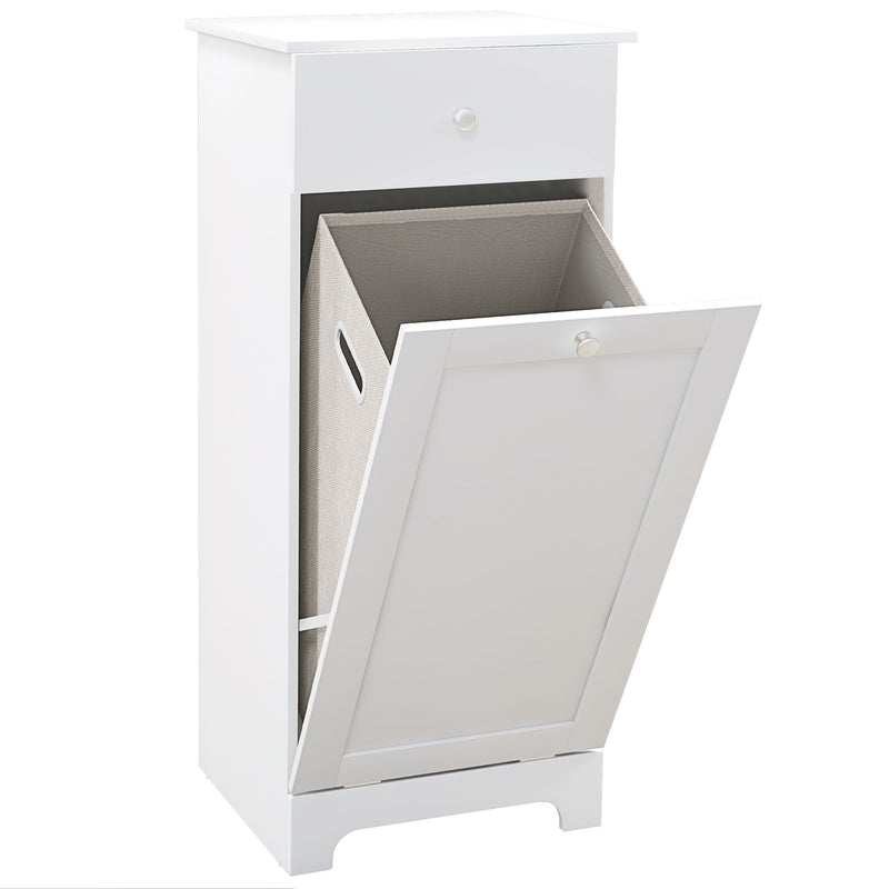White laundry cabinet with tilt-out hamper door and top drawer