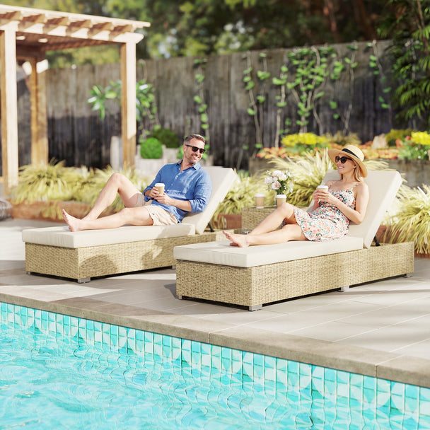 Outsunny Rattan Sun Loungers Set of 2 with Side Table, Garden Recliner Sunbeds with Adjustable Back, Cushions, Beige – view 2