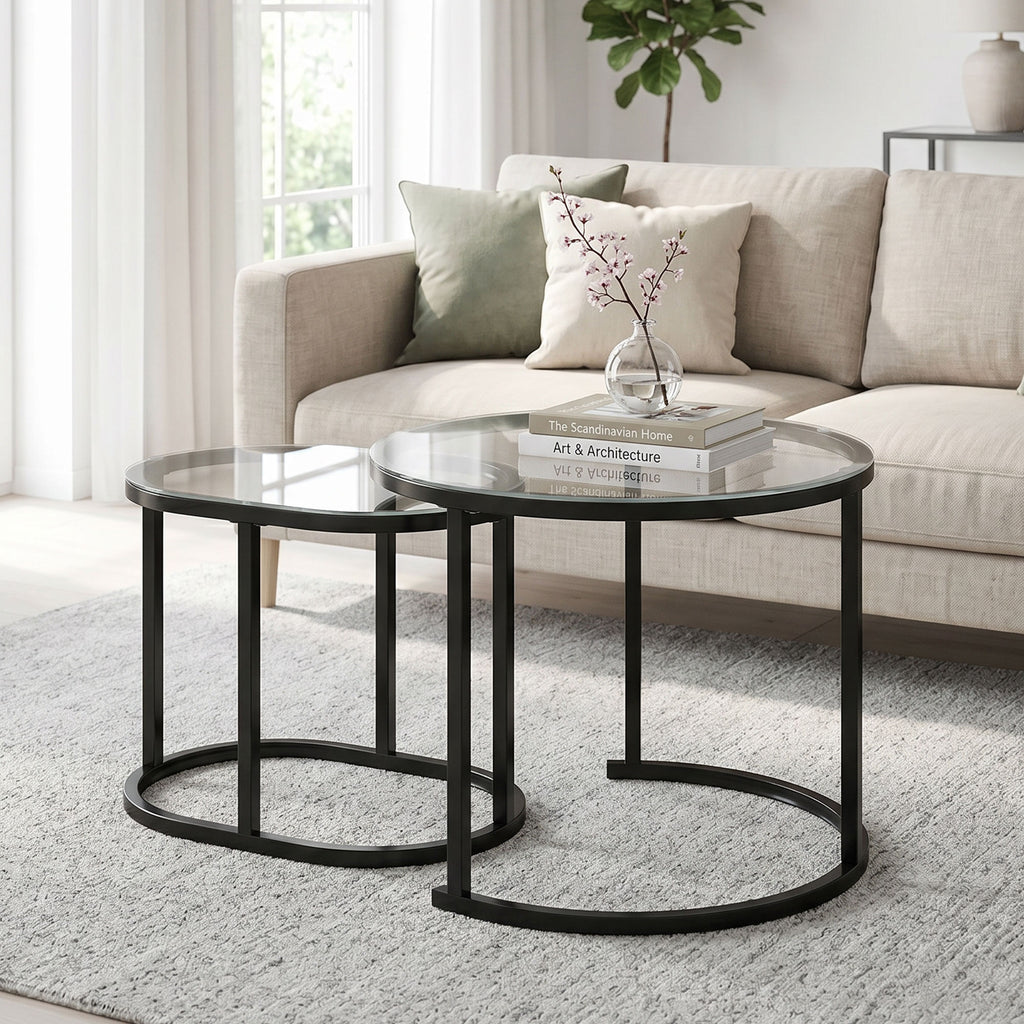 Nest of Tables with Steel Frame and Tempered Glass Tabletop, Modern Coffee Table Set of 2, Black