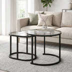 Nest of Tables with Steel Frame and Tempered Glass Tabletop, Modern Coffee Table Set of 2, Black