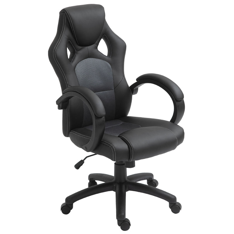 Black faux leather swivel office chair with mesh panel, padded seat, armrests and castor wheels