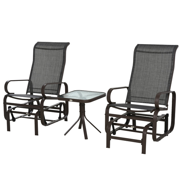 Two brown steel gliding armchairs with texteline seats and a glass-top coffee table