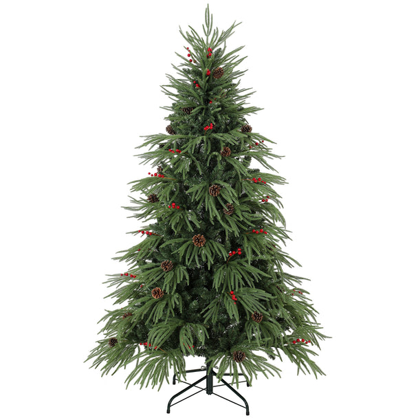 6ft full green Christmas tree pre-decorated with pine cones and red berries