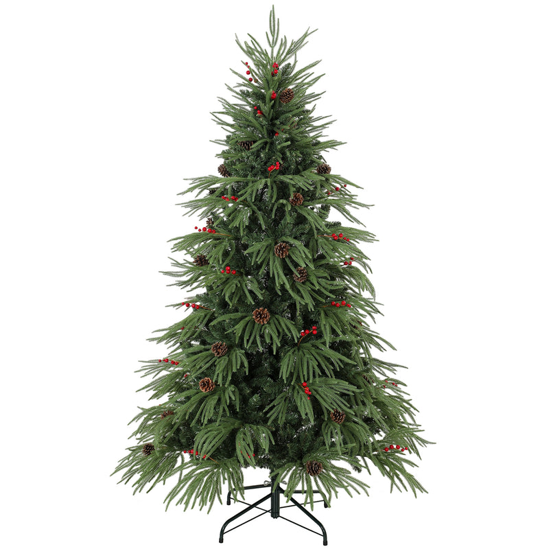 6ft full green Christmas tree pre-decorated with pine cones and red berries