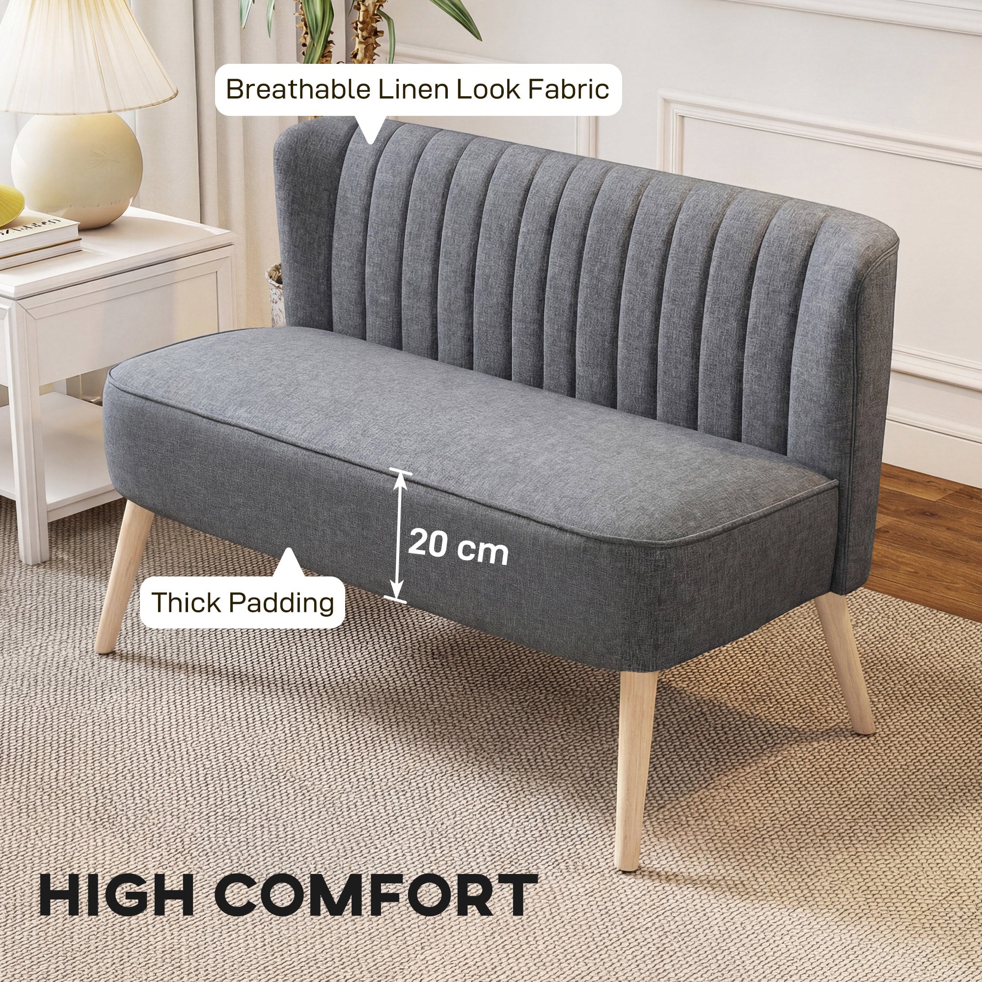 117cm Loveseat Sofa Upholstered Small 2 Seater Sofa with Thick Padded Seat and Rubber Wood Legs, Grey