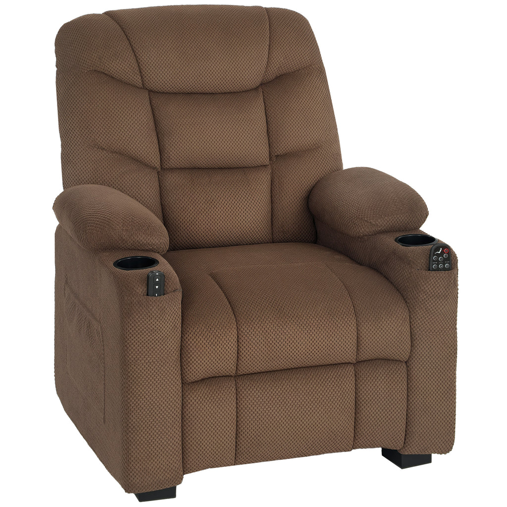 Electric Massage Recliner Armchair with Vibration, Heat, Whisper-Quiet Motor, Memory Function, Fleece Power Reclining Chair with Spring Pack, USB Port, Footrest, Side Pocket, Brown