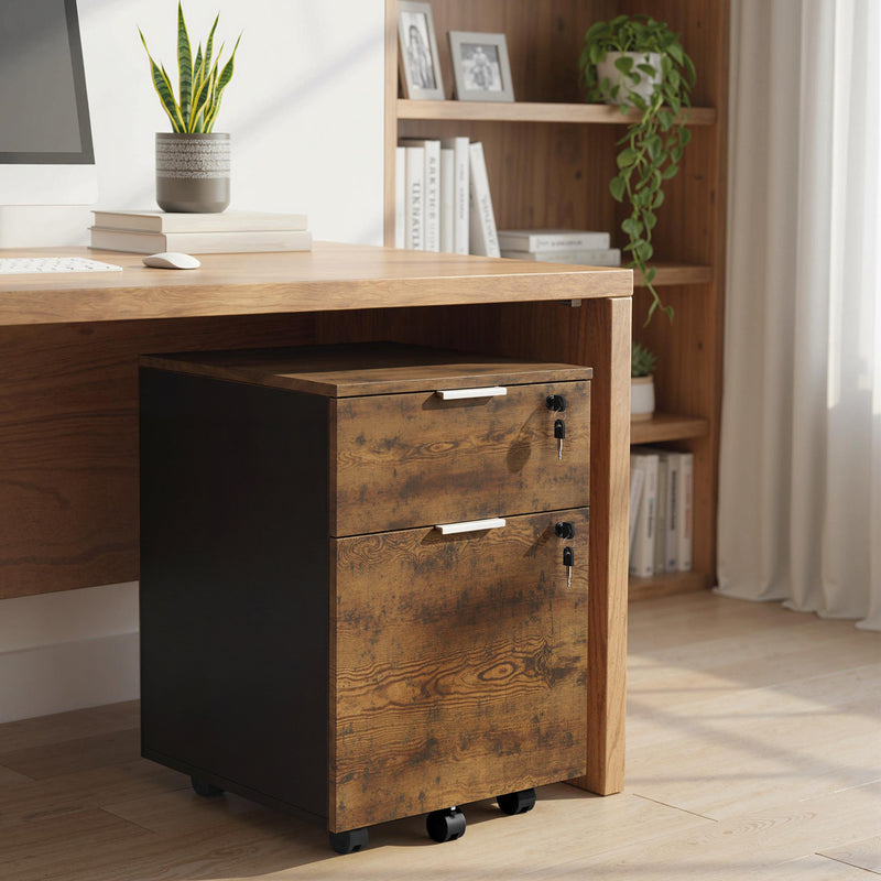 HOMCOM Two-Drawer Lockable Filing Cabinet - Black and Rustic Brown – view 9