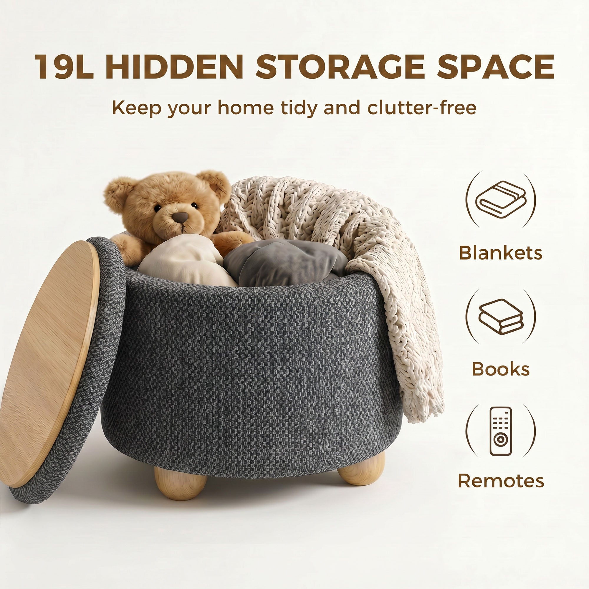 Storage Sitting Bench with Lid, Round Storage Ottoman with Rubberwood Legs, Dark Grey