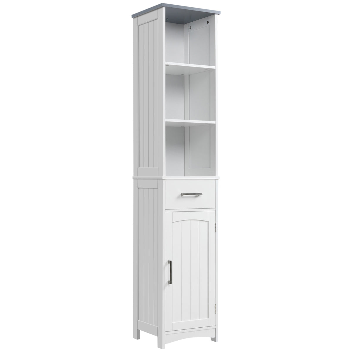 Tall slim white and grey bathroom cabinet with three open shelves, middle drawer and bottom cupboard