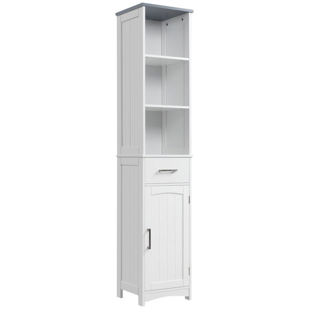 Tall slim white and grey bathroom cabinet with three open shelves, middle drawer and bottom cupboard