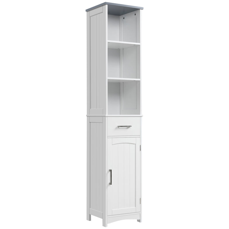 Tall slim white and grey bathroom cabinet with three open shelves, middle drawer and bottom cupboard