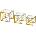 Nesting Coffee Tables, Set of 3 Square Side Tables with Gold Metal Frame, for Living Room, Bedroom and Office, White