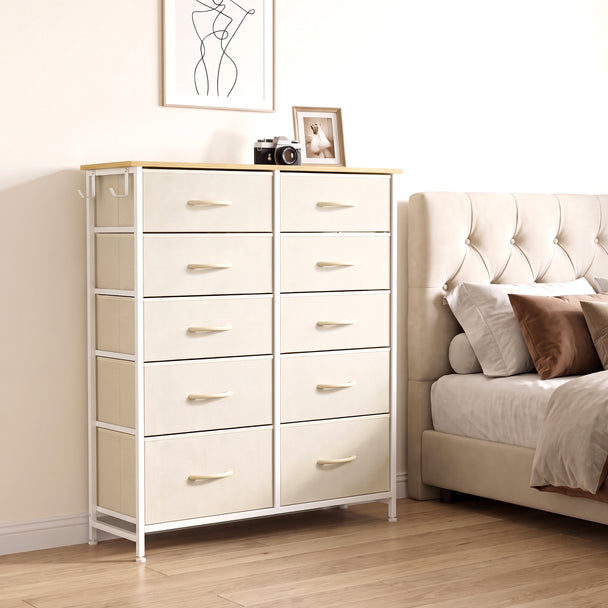HOMCOM Chest of Drawers, Dresser with 10 Fabric Drawers, Tall Storage Unit with 4 Pockets and 2 Hooks Steel Frame, Beige – view 2