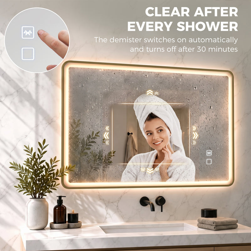 HOMCOM Bathroom Mirror with LED Lights, 100x70cm Rectangle Bathroom Mirror, Dimmable, Bluetooth, Anti-Fog, Gold Tone – view 6
